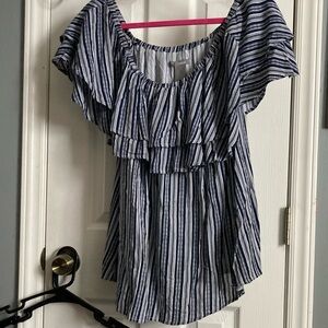 New Directions Blue and White Ruffled Flutter Sleeve Blouse Size L